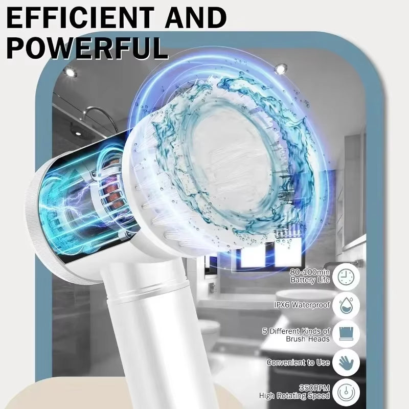 Electric Spin Scrubber with 5 Replaceable Brush Heads for Efficient Bathroom Cleaning